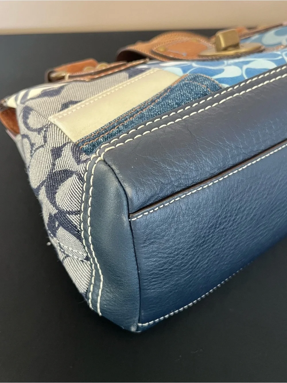 Coach Blue Patchwork Shoulder Bag with Brown Leather Trim